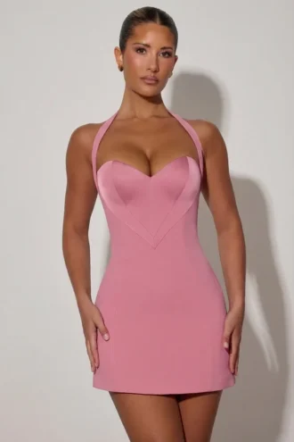 Lenore Heart-Detail Halterneck A-Line Mini Dress in Dusty Pink
