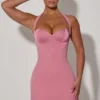 Lenore Heart-Detail Halterneck A-Line Mini Dress in Dusty Pink