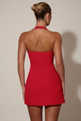 Lenore Heart-Detail Halterneck A-Line Mini Dress in Red