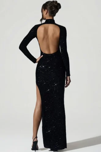 Leonie Embellished Open-Back Gown in Black