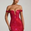 Leonora Embellished Off-Shoulder Mini Dress in Crimson Red