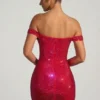 Leonora Embellished Off-Shoulder Mini Dress in Crimson Red