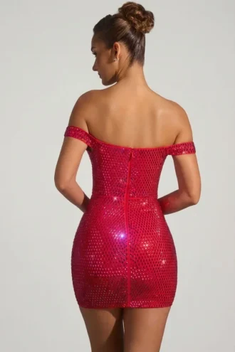 Leonora Embellished Off-Shoulder Mini Dress in Crimson Red