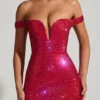 Leonora Embellished Off-Shoulder Mini Dress in Crimson Red
