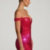 Leonora Embellished Off-Shoulder Mini Dress in Crimson Red