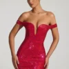 Leonora Embellished Off-Shoulder Mini Dress in Crimson Red