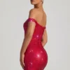 Leonora Embellished Off-Shoulder Mini Dress in Crimson Red