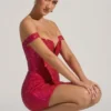 Leonora Embellished Off-Shoulder Mini Dress in Crimson Red