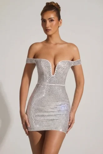 Leonora Embellished Off-Shoulder Mini Dress in White