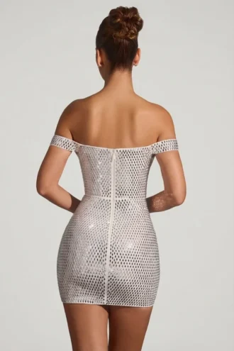 Leonora Embellished Off-Shoulder Mini Dress in White