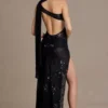 Leontine Premium Sequin Lace Scarf-Detail Maxi Dress in Black