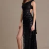 Leontine Premium Sequin Lace Scarf-Detail Maxi Dress in Black