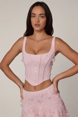 Letitia Embellished Lace-Up Corset Top in Soft Pink