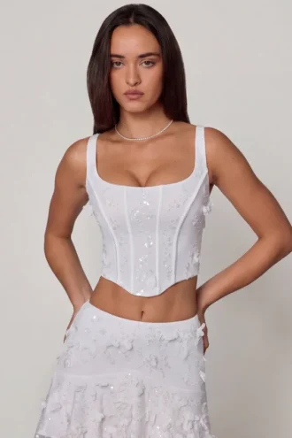 Letitia Embellished Lace-Up Corset Top in White
