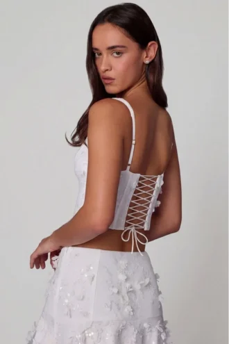 Letitia Embellished Lace-Up Corset Top in White
