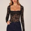 Letizia Long-Sleeve Laced Bodysuit in Black