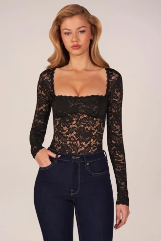Letizia Long-Sleeve Laced Bodysuit in Black