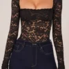 Letizia Long-Sleeve Laced Bodysuit in Black