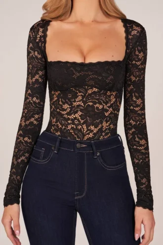 Letizia Long-Sleeve Laced Bodysuit in Black