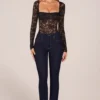 Letizia Long-Sleeve Laced Bodysuit in Black