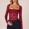 Letizia Long-Sleeve Laced Bodysuit in Cherry Red