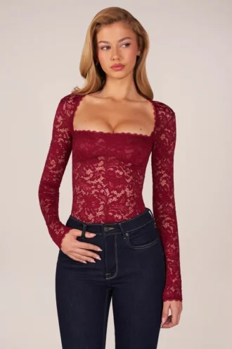 Letizia Long-Sleeve Laced Bodysuit in Cherry Red