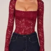 Letizia Long-Sleeve Laced Bodysuit in Cherry Red