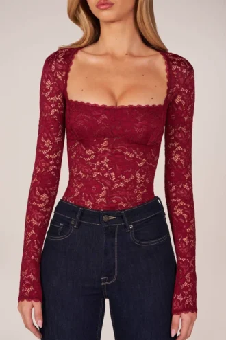Letizia Long-Sleeve Laced Bodysuit in Cherry Red