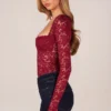 Letizia Long-Sleeve Laced Bodysuit in Cherry Red