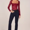 Letizia Long-Sleeve Laced Bodysuit in Cherry Red