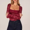 Letizia Long-Sleeve Laced Bodysuit in Cherry Red