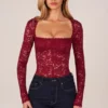 Letizia Long-Sleeve Laced Bodysuit in Cherry Red