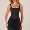 Lia Lace-Up Draped Mini Dress in Black