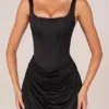Lia Lace-Up Draped Mini Dress in Black