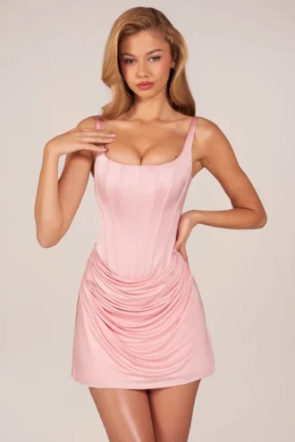 Lia Lace-Up Draped Mini Dress in Blush Pink