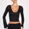 Liah Sheer Jersey Plunge Long-Sleeve Top in Black