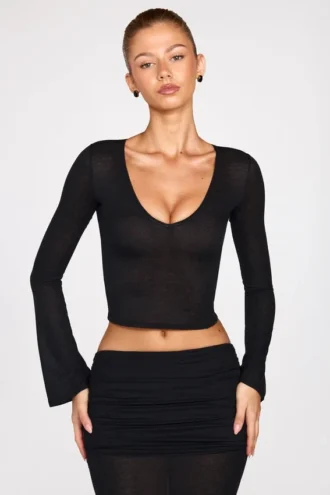 Liah Sheer Jersey Plunge Long-Sleeve Top in Black