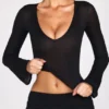 Liah Sheer Jersey Plunge Long-Sleeve Top in Black