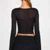 Liah Sheer Jersey Plunge Long-Sleeve Top in Black