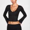 Liah Sheer Jersey Plunge Long-Sleeve Top in Black