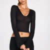 Liah Sheer Jersey Plunge Long-Sleeve Top in Black