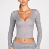 Liah Sheer Jersey Plunge Long-Sleeve Top in Grey