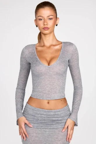 Liah Sheer Jersey Plunge Long-Sleeve Top in Grey