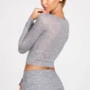 Liah Sheer Jersey Plunge Long-Sleeve Top in Grey