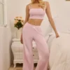 Libby Pointelle Mid-Rise Straight-Leg Trousers in Baby Pink