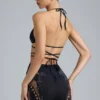 Liberty Embellished Cross-Strap Bikini Top in Black