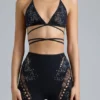 Liberty Embellished Cross-Strap Bikini Top in Black