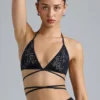 Liberty Embellished Cross-Strap Bikini Top in Black
