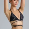 Liberty Embellished Cross-Strap Bikini Top in Black