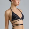 Liberty Embellished Cross-Strap Bikini Top in Black